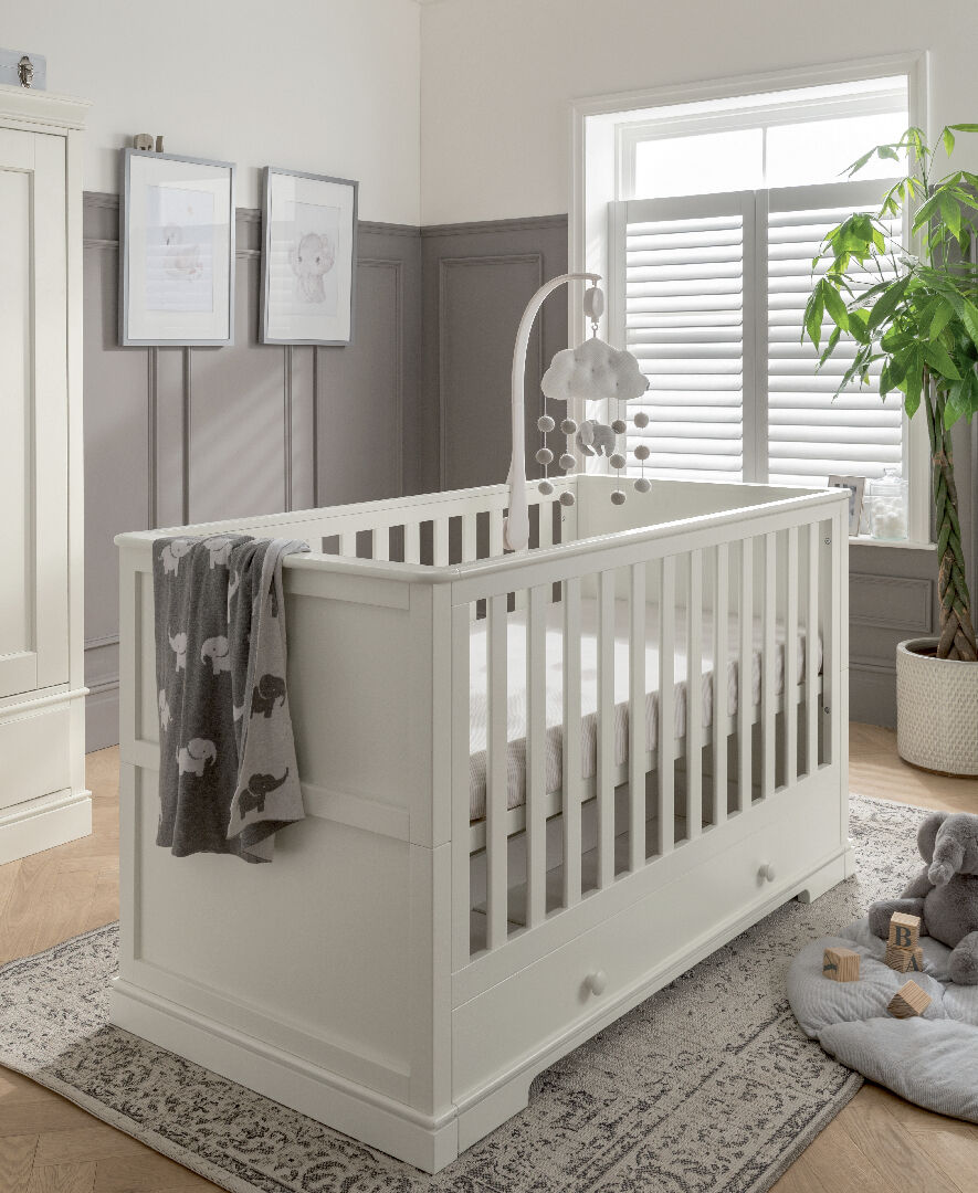 Oxford Wooden Cot & Toddler Bed with Storage - Off White