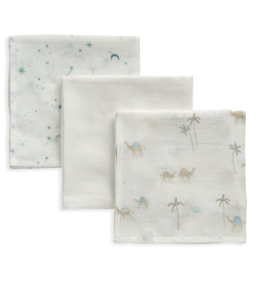3 Pack Muslin Squares Camel Blue